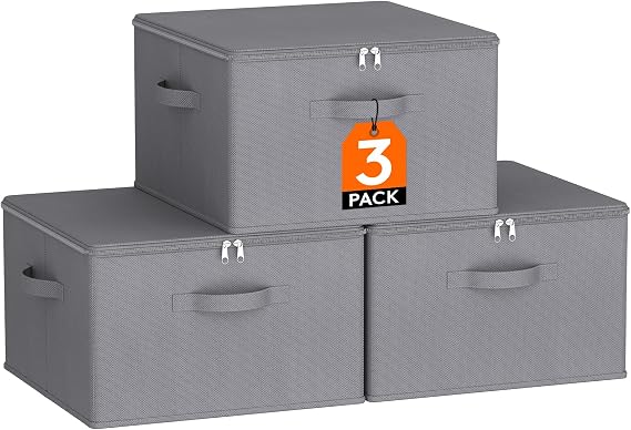 Lifewit Wardrobe Storage Box with lid, 40L, 40x40x25 cm, Grey, 3 Pack