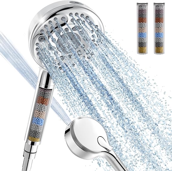 Filtered Shower Head and Hose, 9-Spray Setting High Pressure Shower Head with Filters for Hard Water - Filtered Chlorine (Chrome,2 Filters)