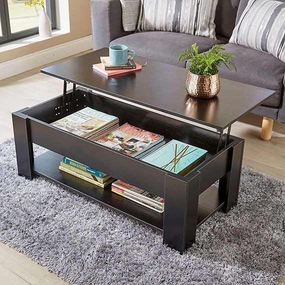 Home Source Coffee Table with Lift Up Top Storage Area and Magazine Shelf, Black