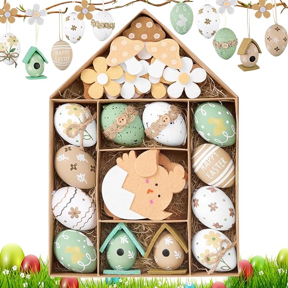 Easter Eggs for Hanging Pack of 12 Colourful Plastic Eggs Easter Eggs with Ribbon Eggs Easter Decoration Printed Easter Eggs for Easter Baskets Spring Decoration Easter Gifts