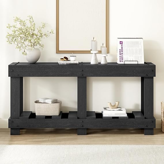 63" Vintage Console Table with Natural Grain, Solid Cedar Wood Entryway Table with 6 Reinforced Legs & 4.5" Thick Desktop, Metal Rivet Decor & Plank Under-Shelf for Hallway, Living Room (Black-10)