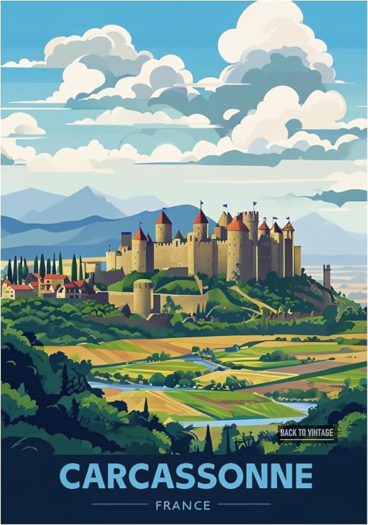 Vibrant Illustrated Poster Depicting Carcassonne France - Retro Europe Travel Poster A4 Size Vintage Wall Art Print of Famous European Destinations Ideal for Home or Office Decor