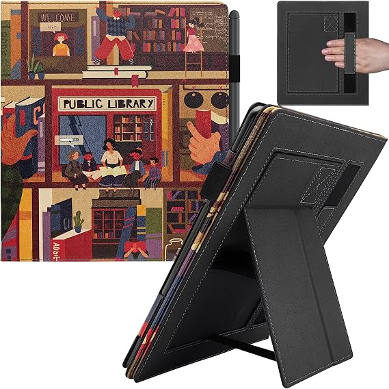 Hand-held Case for Kindle Scribe 10.2 Inch (2022 Released) - Premium PU Leather Cover with Auto Sleep/Wake Two Stand & Pen Holder (Public Library)