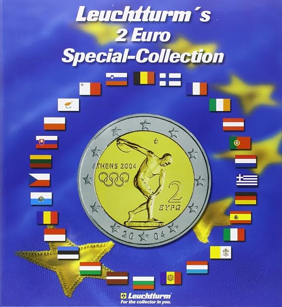 Leuchtturm Presso 302574 Coin Album - 2 Euro Special Collection - 57 Compartments for 2 Euro Coins - Includes Flag Sticker Set