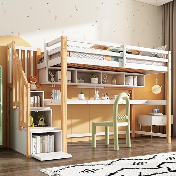 Bunk Bed for Kids, 3ft Wood Bed with Large Desk and Shelves, Children's Loft Bed with Storage Stairs, Slatted Frame, White+Natural, 90x190 cm (No Mattress)