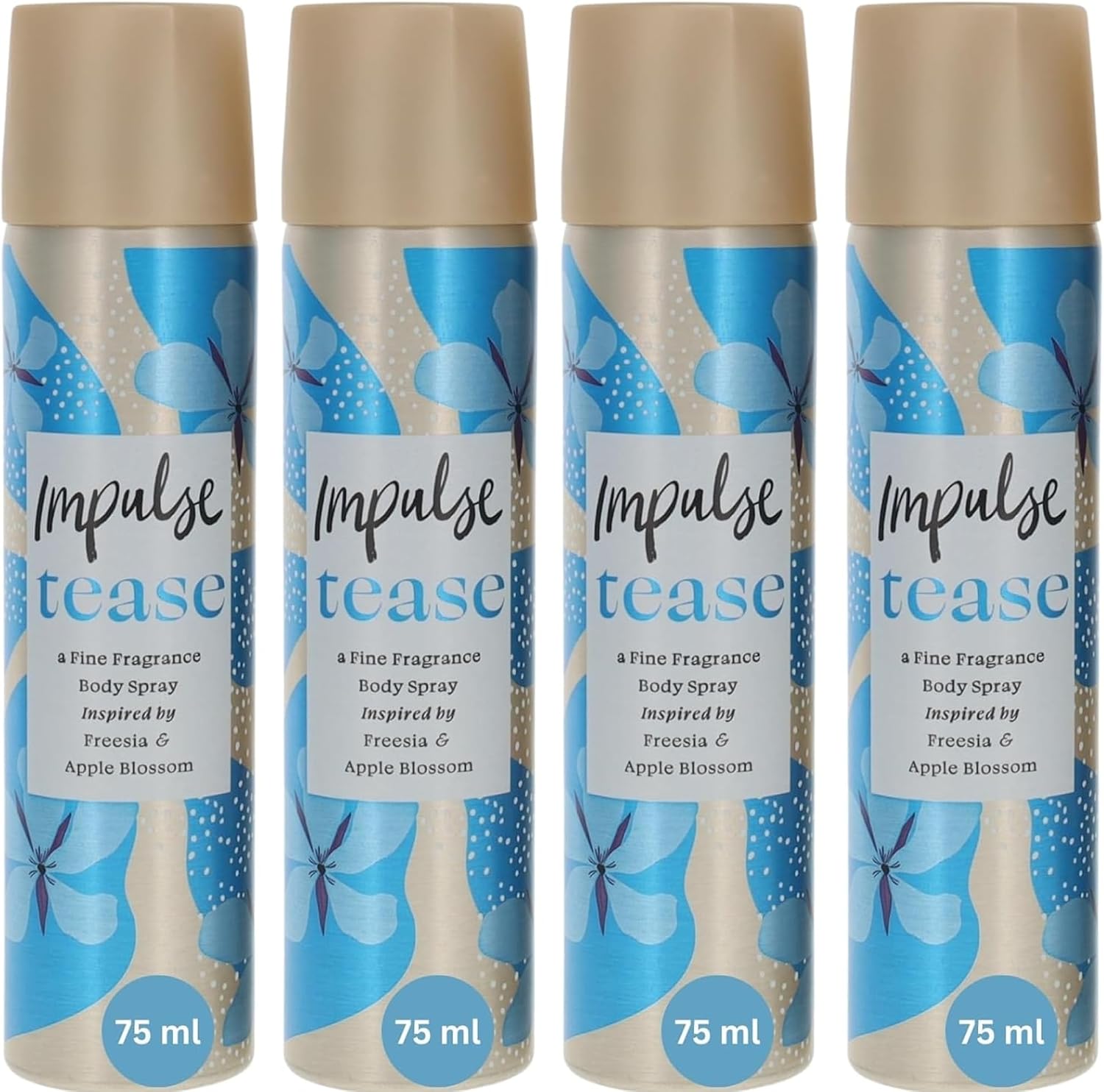 Impulse Tease Body Spray Deodorant for Women, 4 x 75ml – Long-Lasting Fruity Scent, Portable Size, All-Day Freshness