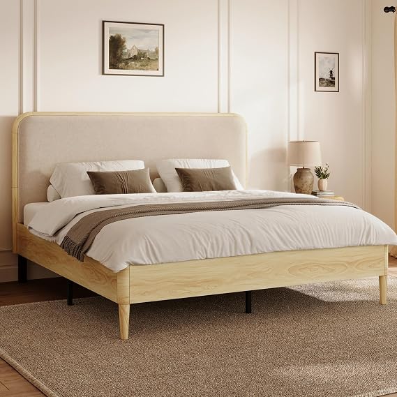 LUXOAK 5ft King Bed Frame with Upholstered Headboard, Natural Wood