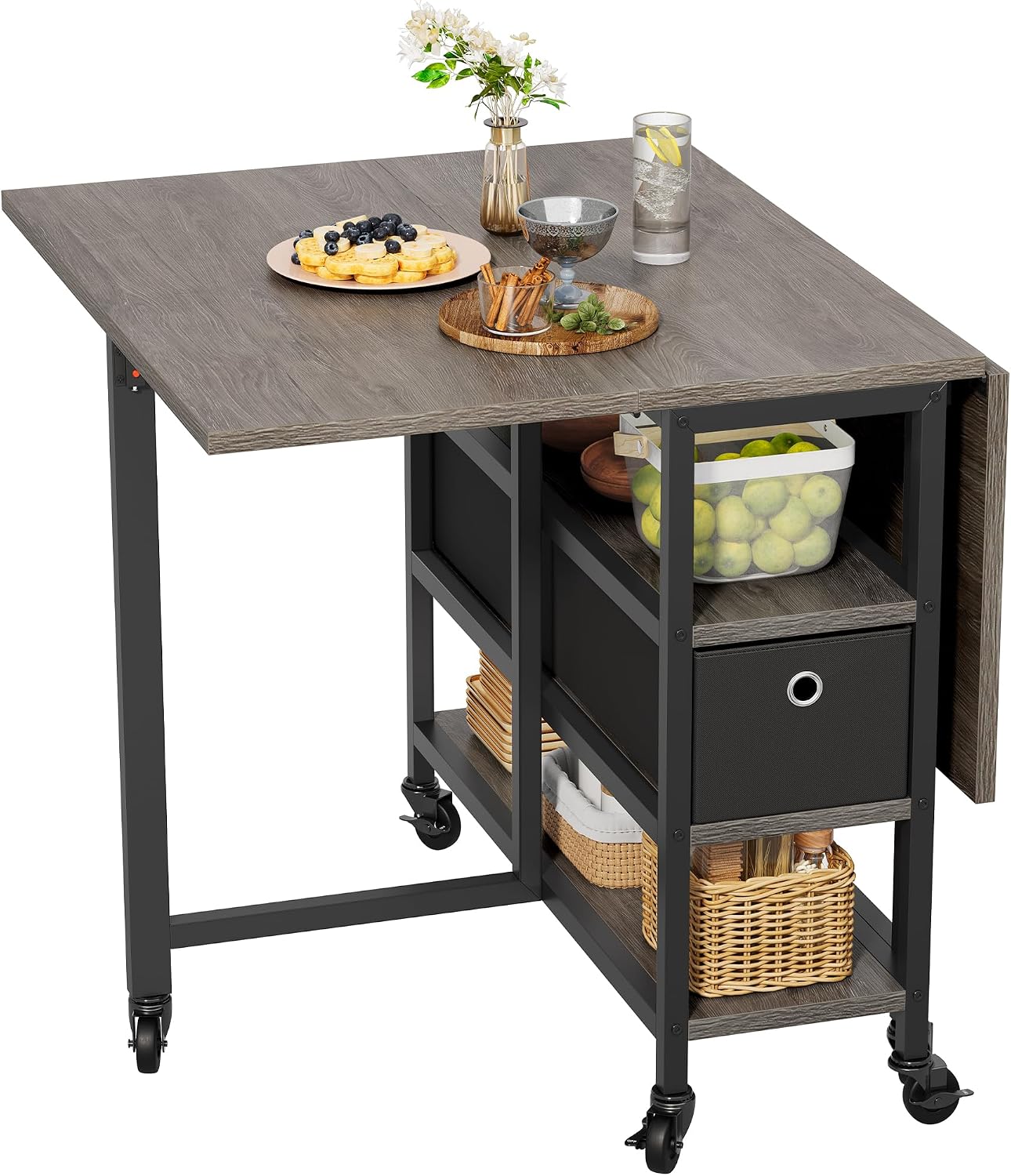 YITAHOME Folding Dining Table, Mobile Drop Leaf Table with 6 Wheels & Storage Drawers for Small Spaces, Kitchen, Dining Room, Grey Oak and Black