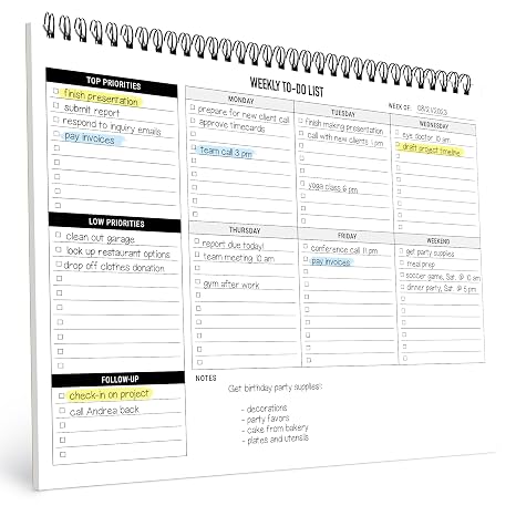 Weekly Planner To Do List Pad - 8.5x11" 52 Sheets Spiral - Desk Notepad with Multiple Sections - Undated Planning Notebook Checklist, Todo Agenda Plan