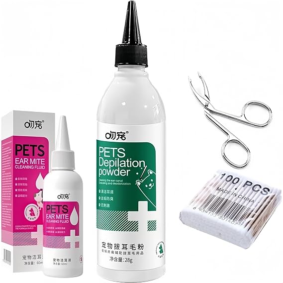 Pet Ear Cleaning Powder - Ear Hair Removal Powder - Keep Your Pet's Ears Clean and Healthy (Ear Cleansing Powder+Ear Cleansing Liquid)
