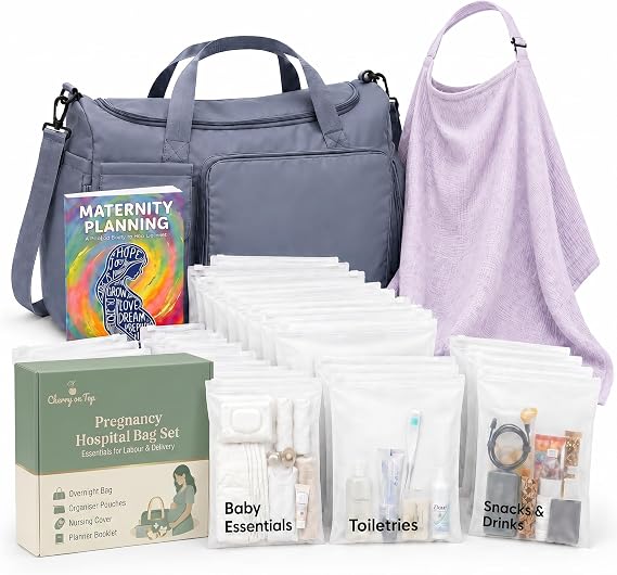 Pregnancy Bag For Hospital - Complete Labour And Delivery Set With Hospital Bag, 21 Organiser Pouches, Planner Book & Nursing Shawl - Premium Expectant Mum Hamper & Baby Shower Set, Blue