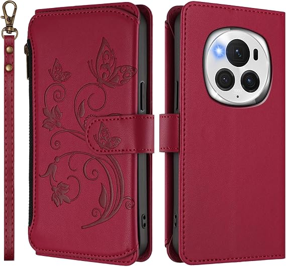 Honor Magic 6 Pro 5Gカバー用ウォレットケース、バタフライPUレザーマグネット開閉フリップスタンド電話カバー、5カードホルダーストラップ付き耐衝撃保護ケース Honor Magic 6 Pro 5Gシェル用レッド