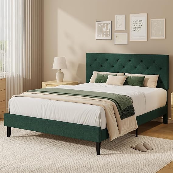HOMBCK Double Bed Frame with Headboard, 135 X 190, Green