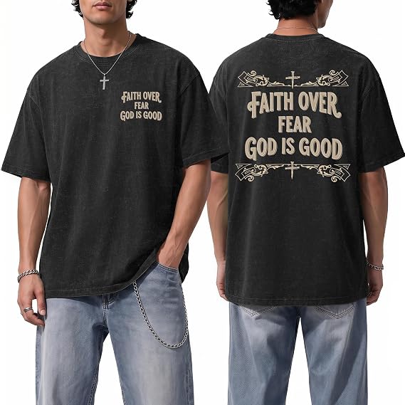 Men's Christian Jesus Shirt Faith Over Fear T-Shirt, Oversized Acid Wash Graphic Tee, Religious God Tee for Daily Wear