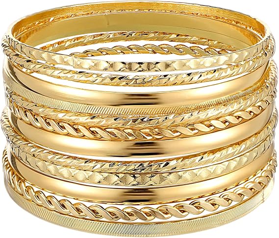 Yolev 12Pcs Gold Bangle Bracelets Set for Women - Boho Multi Layer Stack Bangles, Chunky Indian Multi Bangle Set, Punk Jewelry Gift