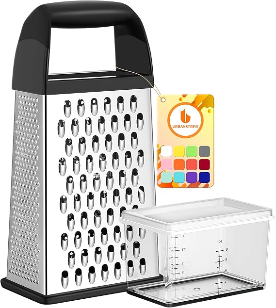 Urbanstrive Cheese Grater With Container, Professional Cheese Grater with Handle, Stainless Steel Graters for Kitchen Handheld, Box Grater with 4 Sides for Vegetables, Ginger, Potatoes, Black