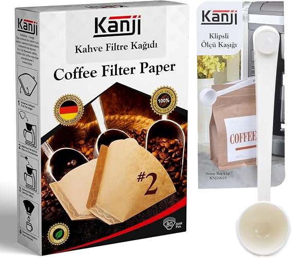 Kanji Coffee Filter Paper No:2 (1x2) 80's + Clip Tea Coffee Measuring Spoon | White Brewing Set | Unbleached Natural Paper | 1-6 Cup Compatible
