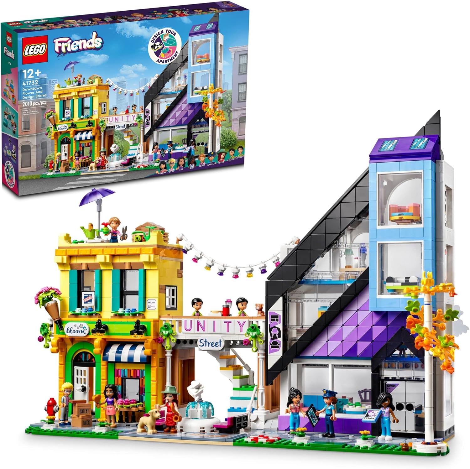 LEGO Friends Downtown Flower and Design Stores 41732 Buildable Toy Set with Home and Shops Model to Customise Decorate and Display Includes 9 Characters Age 12+