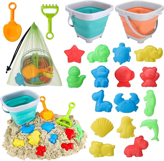 GSrenyu 21Pcs Beach Toy Set,Foldable Beach Bucket | Play Sand Toys Kit Outdoor Fun Tools with Sea Animals Molds Sand Shovels Mesh Bag for Kids Boys Girls
