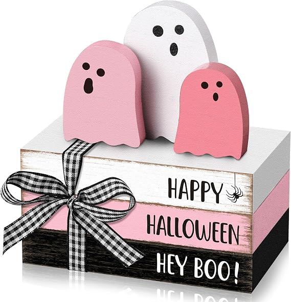 Yousoontic 6 Pcs Halloween Table Decor Pastel Pink Ghost Wooden Sign