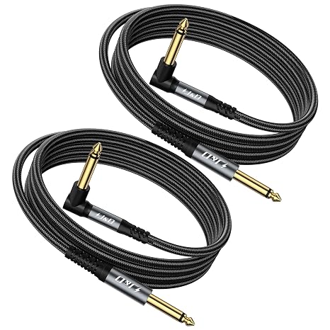 J&D Guitar Cable 2Pack, 1/4 Inch TS Instrument Cable, 6.35mm Cord for Electric Guitar, Bass, Keyboard, Amplifier, Speaker, Right Angle to Straight, Grey, 0.9 Meter