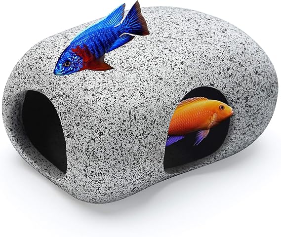 SpringSmart Matte Stone-Look Ceramic Aquarium Cave with 2 Entrances - Natural Textured Hideout for Betta Fish & Shrimp to Hide, Feed, Breed, Safe Fish Tank Decoration (3.7"x2.7"x2"(1 pc))