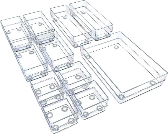 Set of 11 Drawer Organiser Trays – Clear Dividers For Make-up, Bedroom, Bathroom, Office, Kitchen, Cosmetics, Stationery