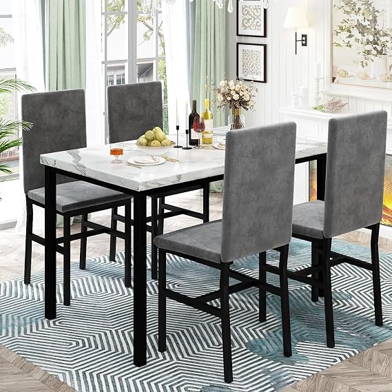 HOOSENG Dining Table and Chairs Set of 4 Faux Marble Rectangular Kitchen Table with Upholstered Velvet Dining Chairs Set of 4 for Small Space (Grey)