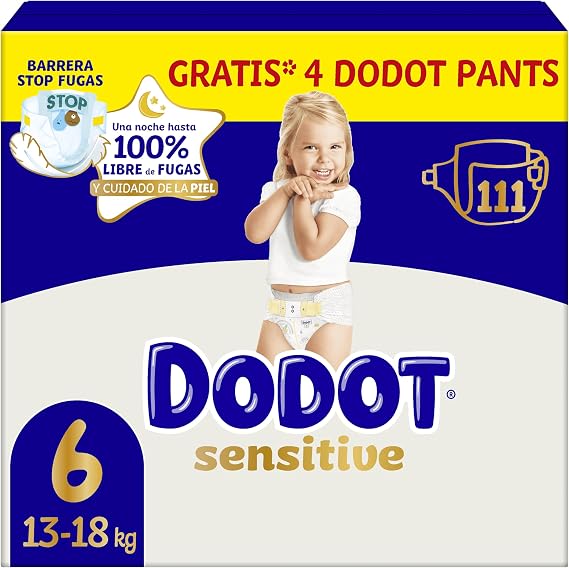 Dodot Sensitive Baby Diapers, Size 6 (+13 kg), 111 Nappies + 4 Gift Pants