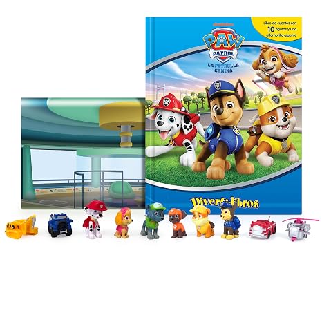 Paw Patrol La Patrulla Canina Diverti-Libros - Libro infantil de cuentos, 10 figuras, 1 alfombra de juego