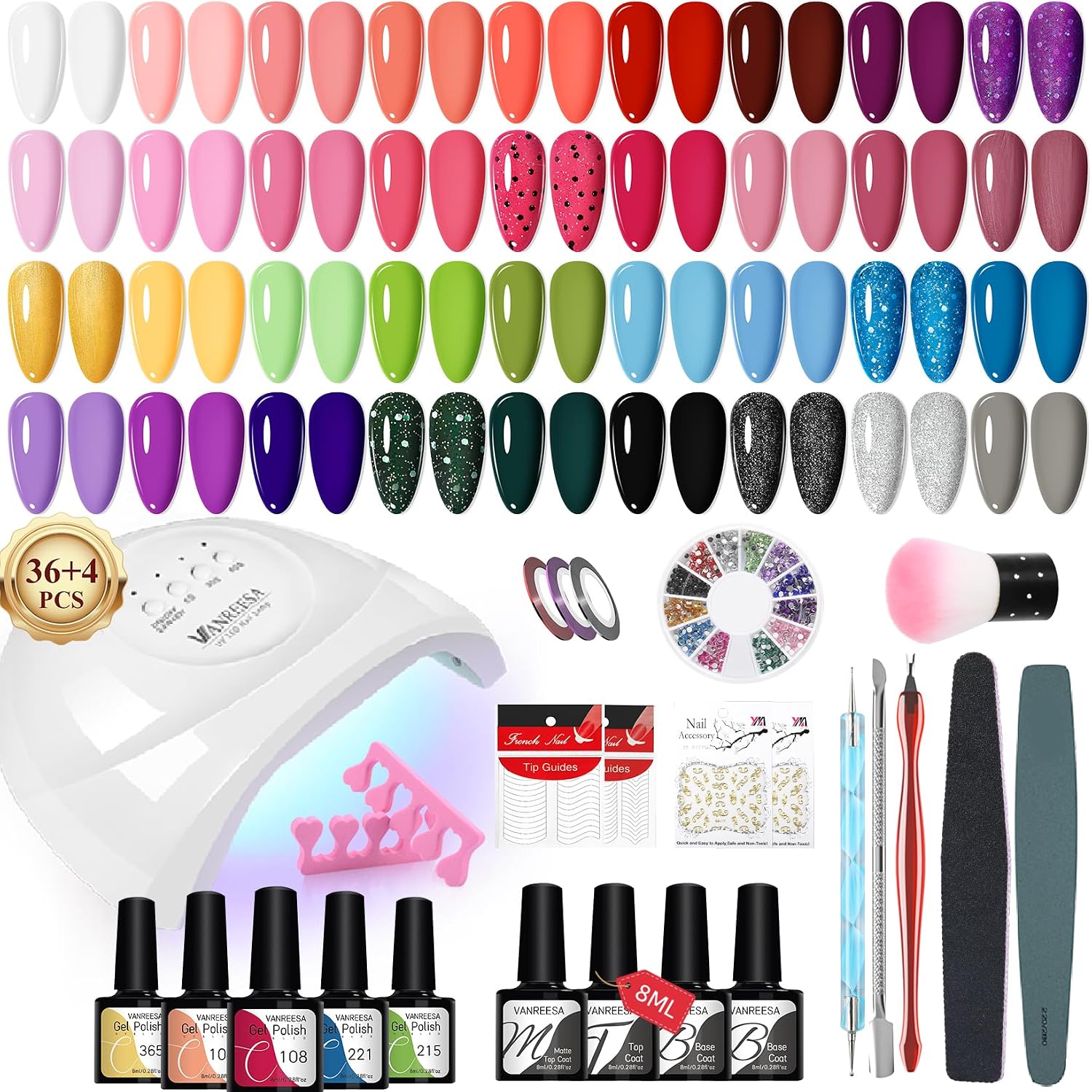 VANREESA Gel Nail Polish Set, 36 Colours Gel Nail Kit with Lamp Classic White Black Blue Pink Suitable for All Seasons Gels Polish Set with Base Top Coat and Manicure Tools Gifts for Women