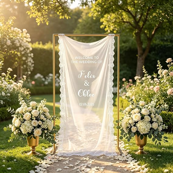 Personalised Sheer Fabric Wedding Welcome Sign with Lace Edge, Modern Wedding Welcome Sign with Names and Date, Custom Bridal Ceremony for Outdoor Ceremony, Garden, Lawn, Indoor Reception Backdrop