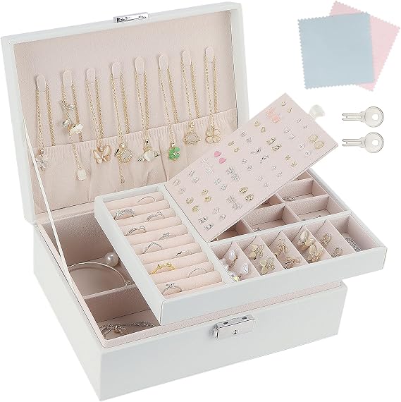 TEIVUL Jewellery Box, 2 Layer PU Leather Jewellery Organiser with 2 Keys and Cleaning Cloth, Suitable for Rings, Earrings, Necklaces-Gifts for Women, Girls（White）