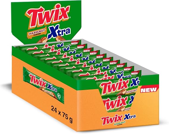 Twix Xtra Hazelnut Caramel Milk Chocolate Biscuit Finger Bars, 24 Pack