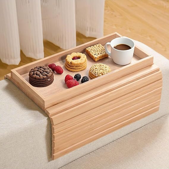 Sofa Arm Tray,Foldable Bamboo Table Couch ArmchairTray,Anti-Slip Sofa Side Table Armchair Tray for Snacks Phone Drinks Cup