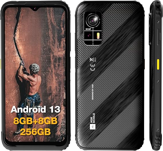 AGM H6 Rugged Smartphone, Ultra-thin & Light, 4G Rugged Cell Phone, Waterproof, Android 13, Unisoc T606, 6.56-inch IPS HD+ 90Hz Display, 16GB RAM (8+8) + 256GB ROM, NFC, GPS, Face & Fingerprint Unlock