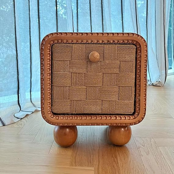 Bu Halat Örgülü Depolama Komodin, Masif Ahşap Komodin, Rattan Örgülü Çekmeceli Komodin, Yatak Odası ve Oturma Odası için Bohem Rustik Yan Sehpa