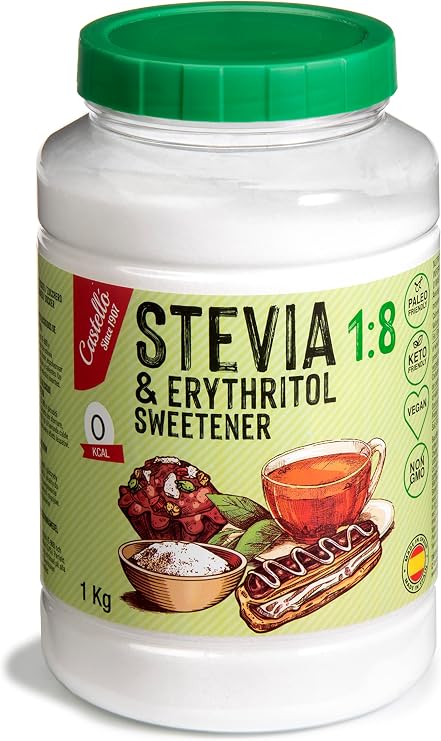 Castello since 1907 Stevia + Erythritol 1:8 Sweetener | 1kg | 1g = 8g sugar | 100% Natural taste Sugar Substitute - 0 Calories - 0 Glycemic Index - Keto and Paleo - 0 Net Carbohydrates