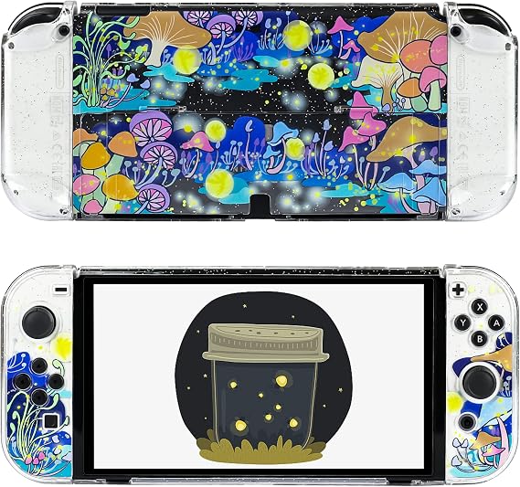 RHOTALL Nintendo Switch OLED ile Uyumlu Mantar Şeffaf Kapak Kılıf, Anahtar OLED Konsol için Sevimli Desenli Şeffaf Kabuk, Denetleyici için Konforlu Kavrama Kabuğu - Glowworm