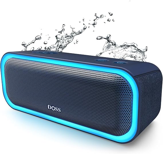 DOSS SoundBox Pro Portable Wireless Bluetooth Speaker with 20W Stereo Sound, Extra Bass, IPX6 Waterproof, Bluetooth 5.0, TWS Pairing, Multi-Colors Lights, 20 Hrs Playtime for Beach, Pool-Blue