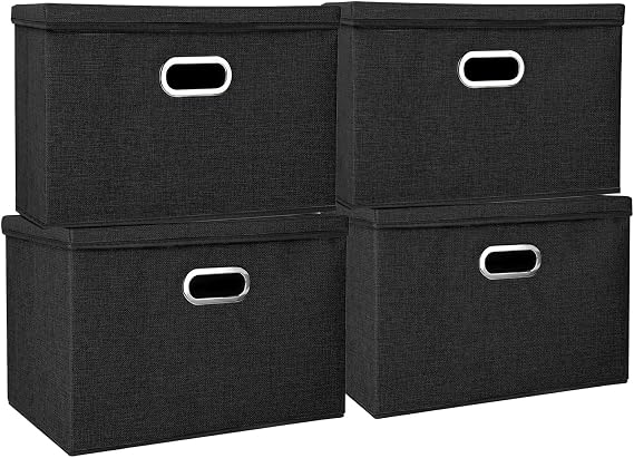 Foldable Storage Boxes with Lids Fabric Collapsible Storage Bins Wardrobe Closet Home Baskets Containers with Cover for Underwear Clothes CDs Arts and Crafts Toys (Black, 4Pack 45x30x30cm)