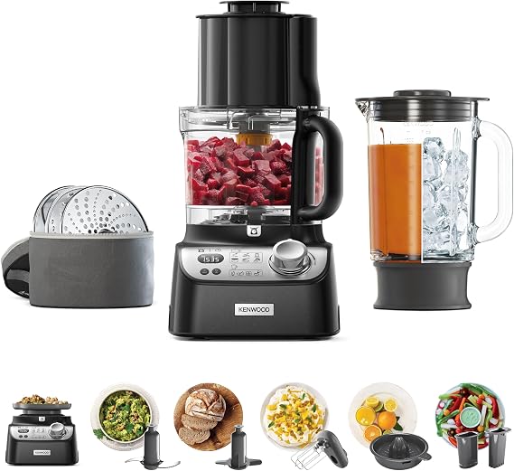 Kenwood MultiPro XL Weigh+ FDM72.990SS, Food Processor With Integrated Digital Scales & Timer, Express Dice, Adjustable Slicing Disc, Micro Serrated Knife Blade, 1.5L ThermoResist Glass Blender, Black