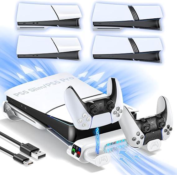 Horizontal PS 5 Slim/Pro Holder with Cooler for Disc & Digital PS5 Stand Horizontal with PS5 Charging Station PS 5 Horizontal Stand for PS 5 Slim & Pro Console (Not for PlayStation5 2020)