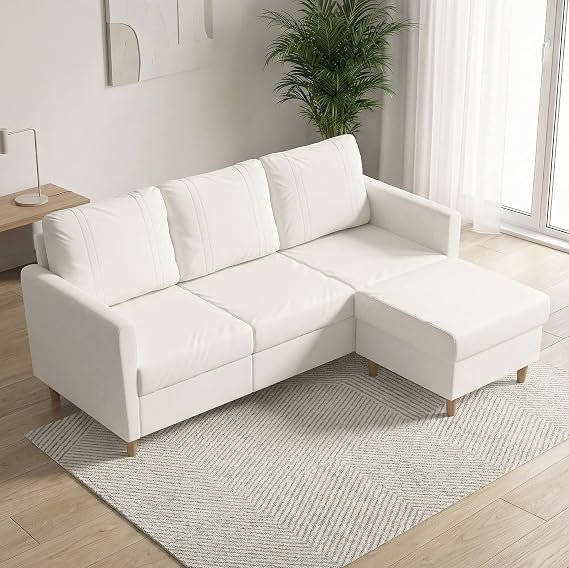 3 Seater Sofas Modern Love Sofa Couch with Thick Cushions and 2 Pillows Corner Sofa with Storage and Footstool for Living Room, Bedroom, Guest Room, Grey 195 x 150 x 87 CM