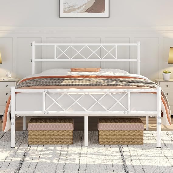 Yaheetech 4ft6 Double Metal Bed Frame with Cross-design Headboard, White