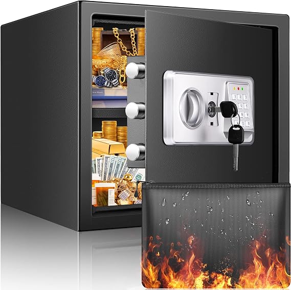 30 L Safe Fireproof with Fireproof Waterproof Wallet Digital Home Safe with Removable Shelf and Alarm System Wall Safe Furniture Safe for Jewellery Cash Medication A4 Documents