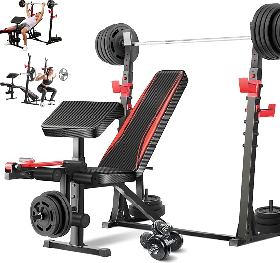 Aceshin Olympic Weight Bench, 900 LBS Adjustable Weight Bench and Squat Rack, Bench Press Set with Leg Extension, Preacher Curl Pad, Workout Bench for Home Gym
