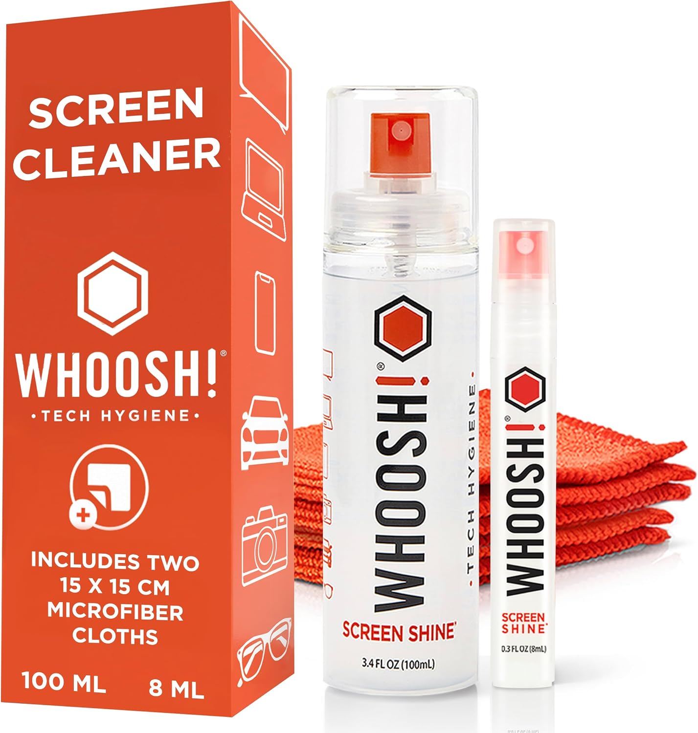 WHOOSH! Screen Shine Duo Monitor, Phone & Laptop Cleaning Kit - 100 mL & 8 mL Bottles for Home & Travel with 2 Microfiber Cloths - Streak & Residue-Free Glasses Cleaner - Safe, Non-Toxic Formula
