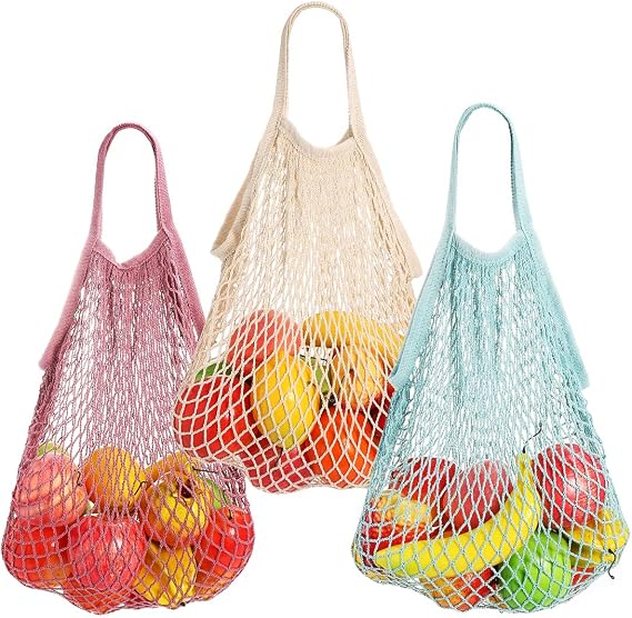 Reusable Net String Shopping Bags,TOTKEN 3 Pack Cotton Mesh Produce Bags Organic Grocery Shopping Bags Tote Handbag for Vegetables Fruits Commodities Outgoing Travel