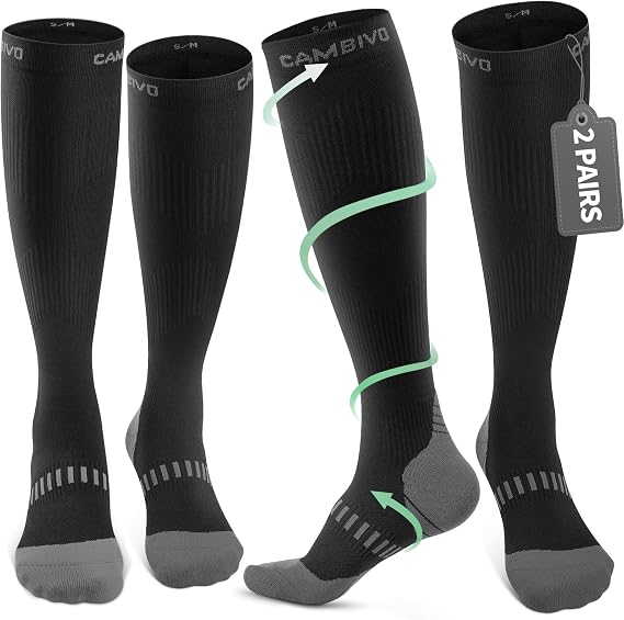 CAMBIVO 2 Pairs Compression Socks for Women & Men, 15-20mmHg Flight Socks, Graduated Support for Plantar Fasciitis Relief, Running, Pregnancy, Nurses, Travel Essentials
